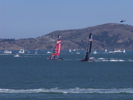 ETNZ and Oracle going at it from the shoreline in San Franscisco