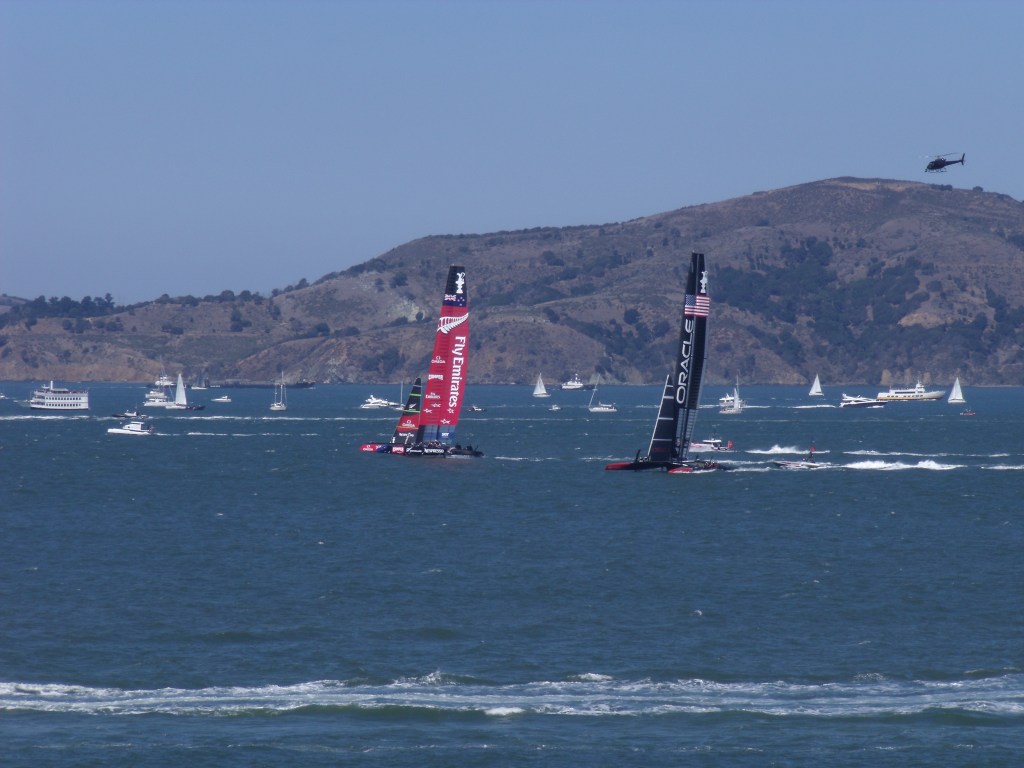 ETNZ and Oracle going at it from the shoreline in San Franscisco