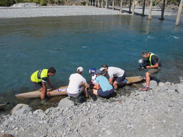 Sport crew under pressure, getting me into the boat with camera crew in tow! (Credit: Liz May)